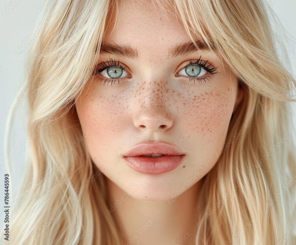 Woman with freckled hair and blue eyes Woman with freckled hair and blue eyes