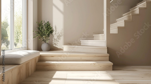Neutral beige stairs reflecting Scandinavian elegance in a cozy lounge setting with a window.