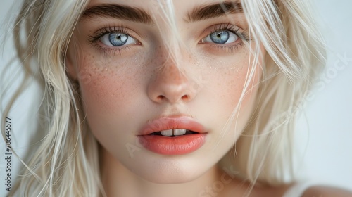 Close up of woman with blue eyes