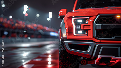 Red pickup truck at night with city lights