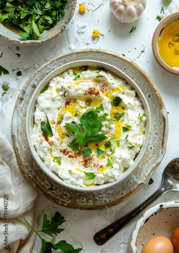 Middle Eastern white creamy dip in the bowl with olive oil and parsley, flat lay on the white table photo