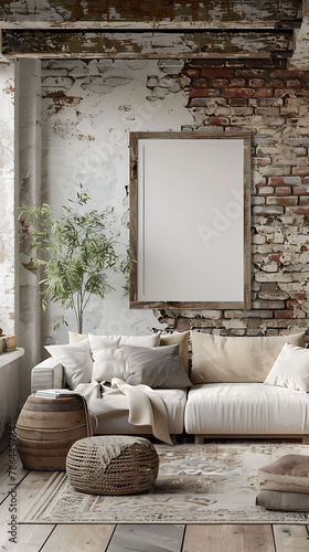 Mockup poster frame in an industrial farmhouse living room with a blend of rustic and urban elements  3d render  hyperrealistic