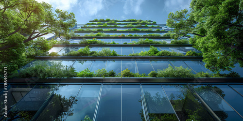 A sustainable building with green walls and solar panels  showcasing the concept of ecofriendly architecture in urban settings. green building  Office with green environment