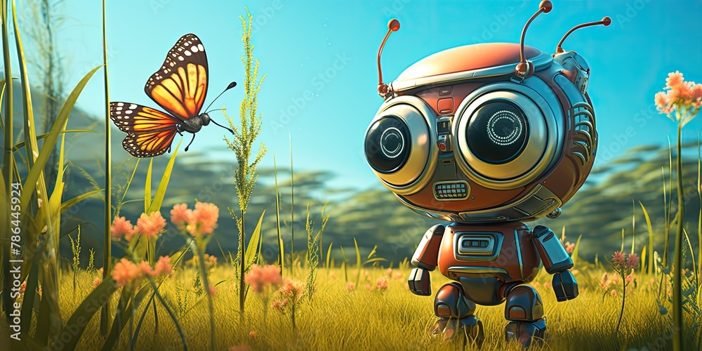 Cute little robot in the field on a beautiful day, surprised by a butterfly Cute little robot in the field on a beautiful day, surprised by a butterfly