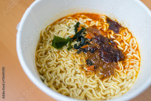 Closeup Japanese instant cup noodles
