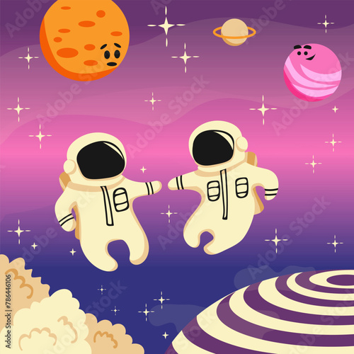 Spaceman children in space suits flying in space. Cute funny baby astronauts and planets in cosmos. Kids spacewalk. Vector illustration