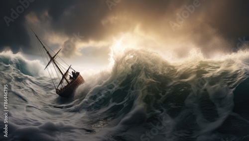 Ship navigating stormy sea with massive waves. © Murda