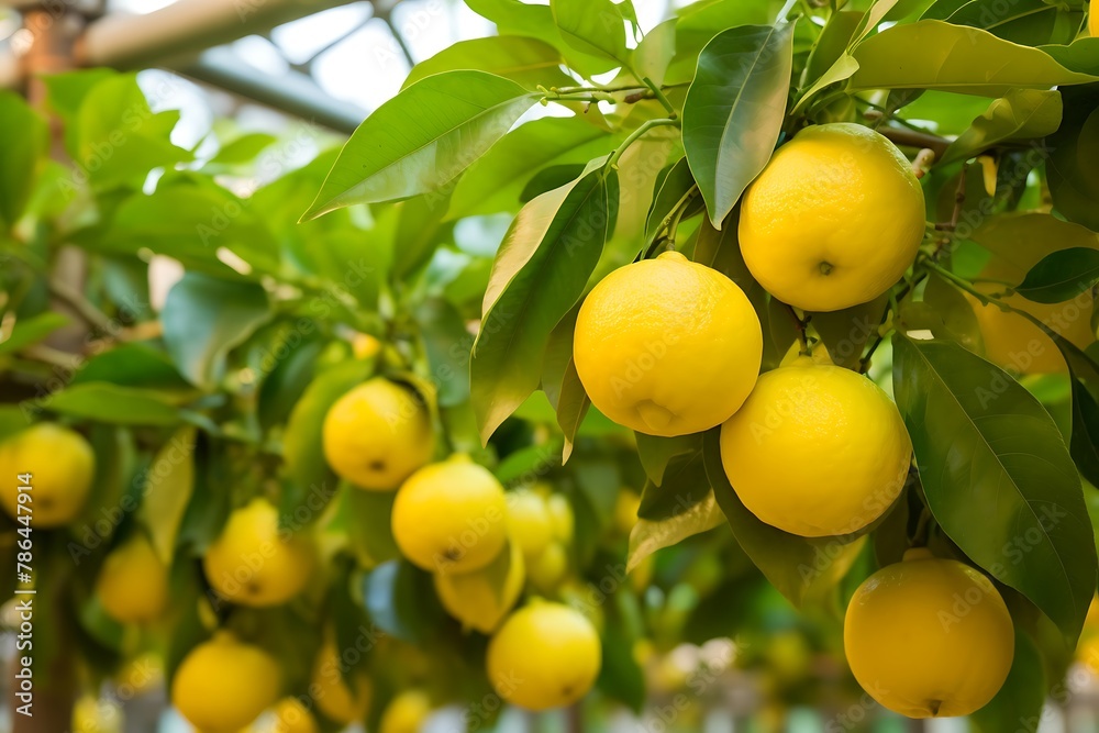 Ripe lemons growing on a lemon tree in the garden