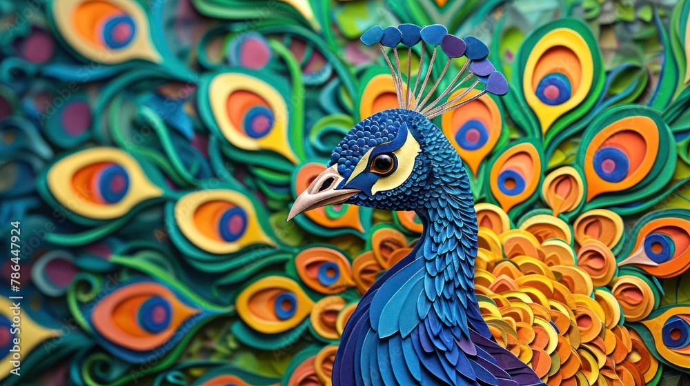 Obraz premium vibrant peacock brought to life with layers of colorful paper, highlighting the intricate beauty