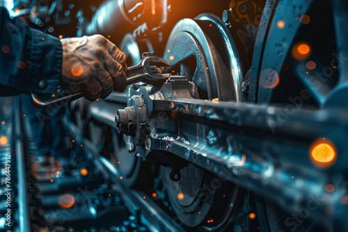 Team engineer use wrench repair train wheel, double exposure with bokeh, banner cover photo