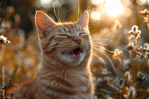A cheerful cat outside a walk in the morning in the park