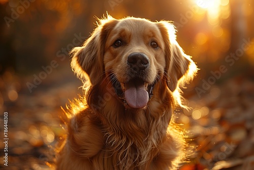 A cheerful dog outside a walk in the morning in the park.