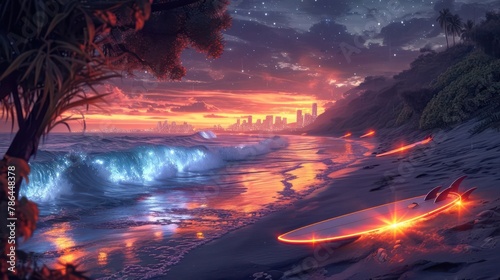 vibrant Synthwave beach scene at night  featuring retro surfboards  glowing waves  and a distant city skyline