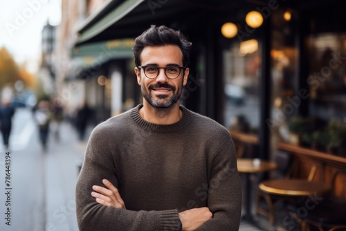 Portrait of a glad man in his 30s wearing a cozy sweater on bustling city cafe photo