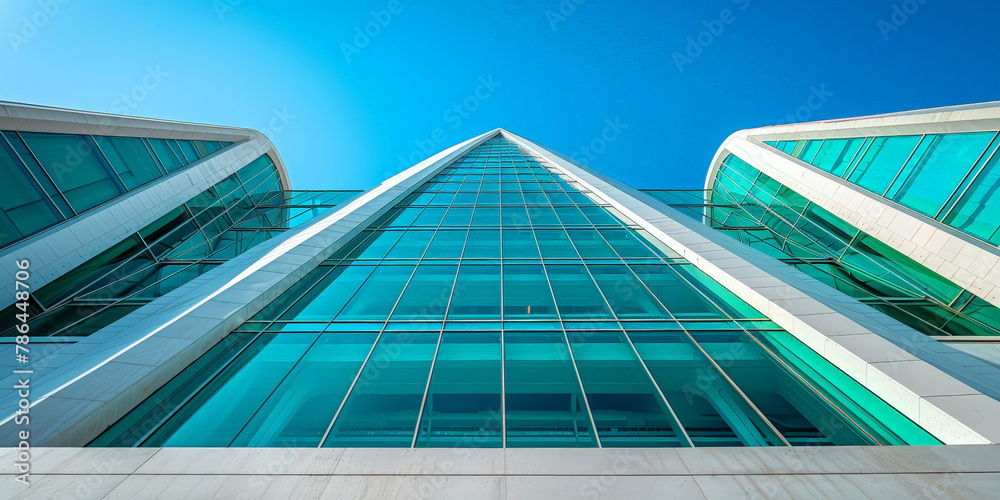 Modern glass building with white and green accents, showcasing polygonal architecture on blue sky background