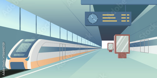 Indoor Railway Station Platform with Modern High Speed Trains and Schedule. Arrival Passenger Express. Vector Illustration in Flat Style.