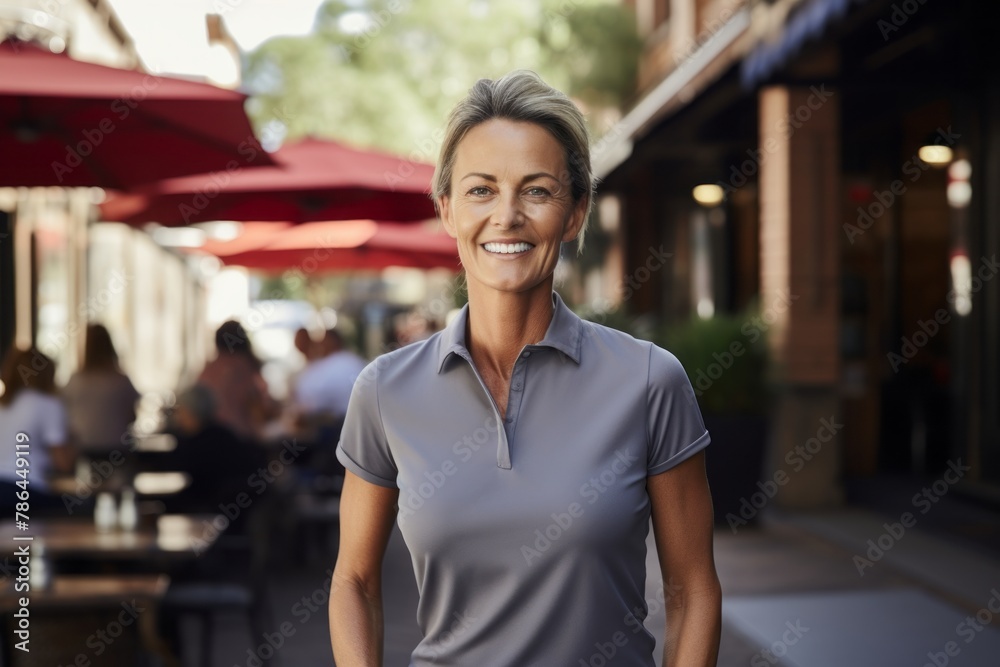 Fototapeta premium Portrait of a content woman in her 50s wearing a breathable golf polo isolated on bustling city cafe