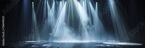 Empty concert stage with illuminated spotlights and smoke. Stage background , white spotlight and smoke, empty black stage with white spotlights