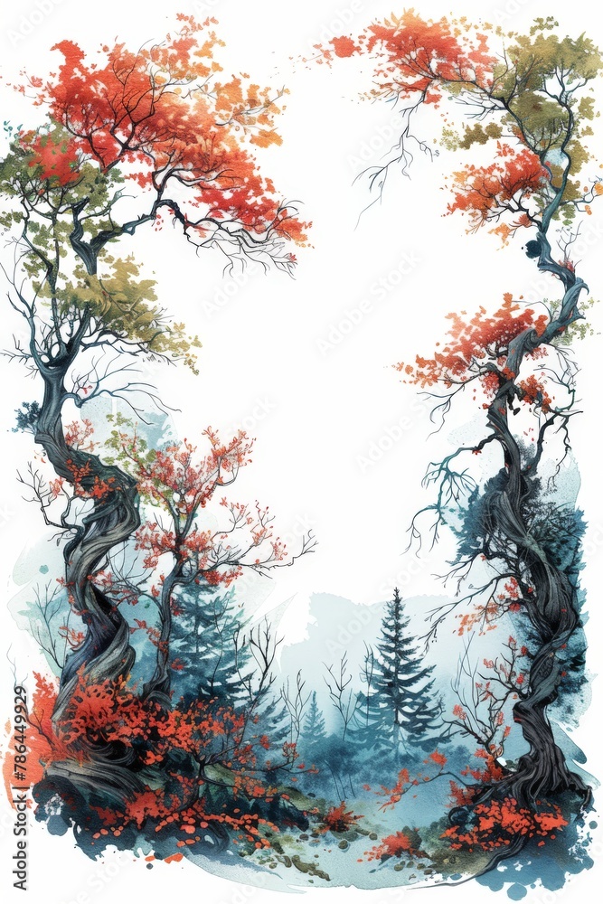 Red leaves adorning trees in forest border frame Red leaves adorning trees in forest border frame