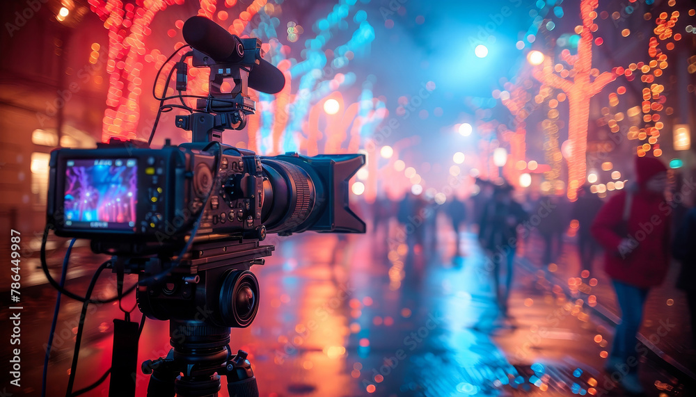 A camera is set up in the rain, capturing a busy city street by AI generated image