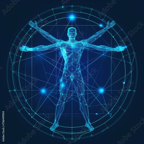  A man interacts with a digital representation of the Vitruvian Man, perfect for illustrating the intersection of technology and anatomy in a low-poly, blue hologram style.