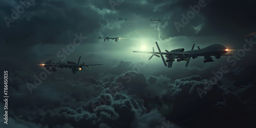 Military drones flying in the above night clouds sky with concept of world war