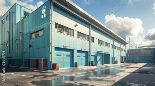 Blue warehouse exterior, front view on sunny day,