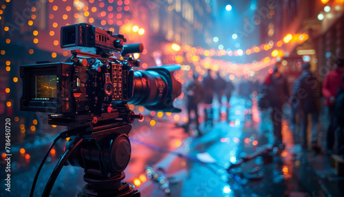A camera is set up in the rain, capturing a busy city street by AI generated image photo