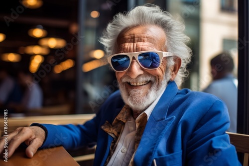 Portrait of a merry elderly man in his 90s wearing a trendy sunglasses on bustling city cafe