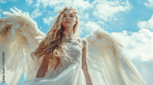 Beautiful angel with white wings and long blonde hair against a sky background.