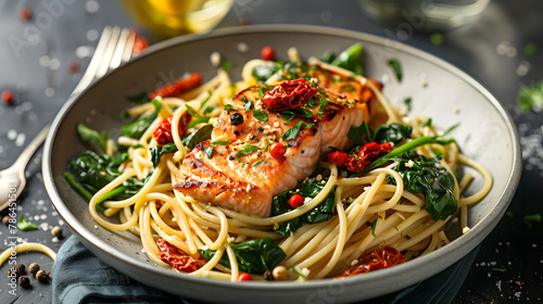 A delicious plate of salmon with spinach and fettuccine pasta in a creamy sauce.