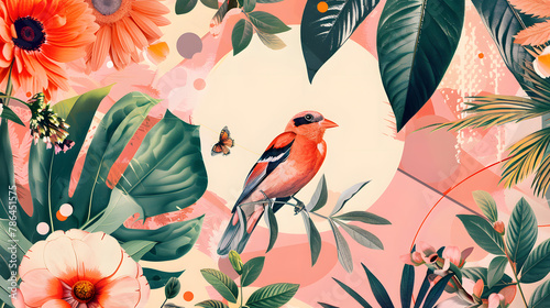 Colorful digital artwork depicting a small Eurasian bullfinch perched on a branch adorned with flowers and leaves.