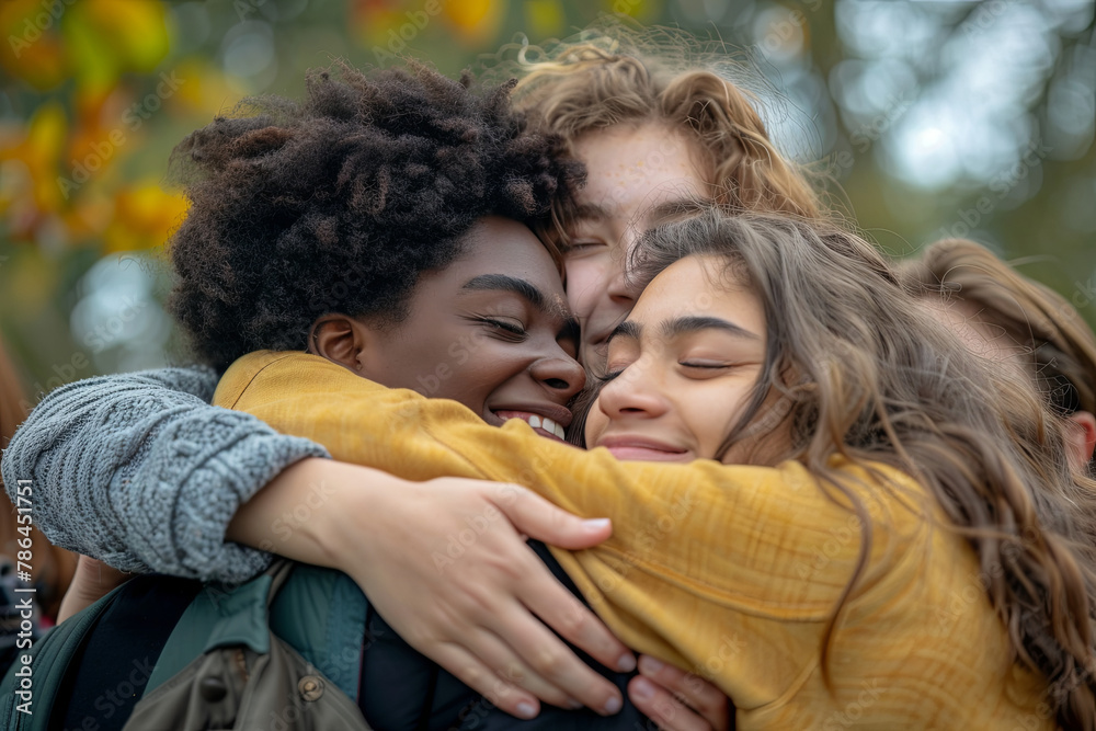 Obraz premium Multi ethnic young people team hugging together outside - International community of students support and help each other