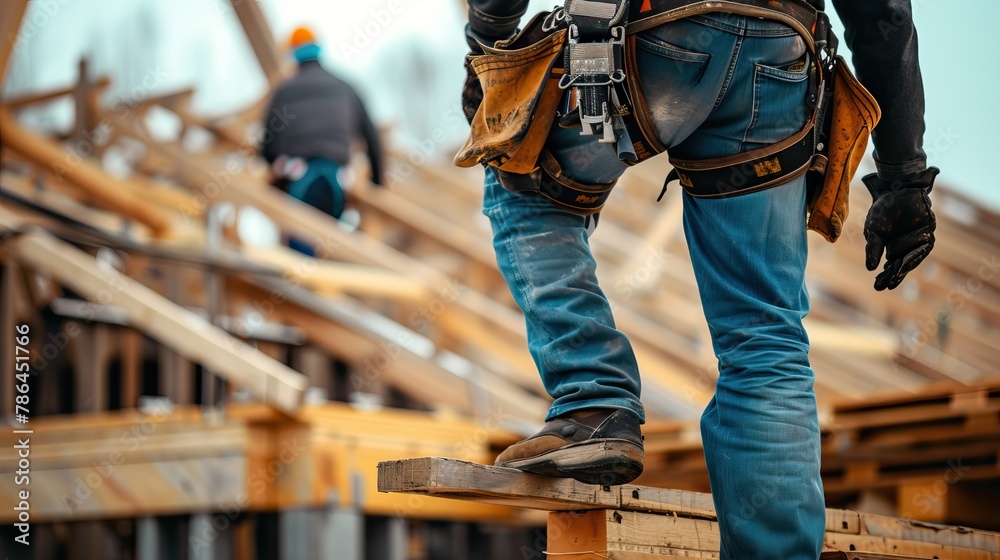 Construction worker walking on wooden beams at a construction site, with focus on tool belt and safety gear. Construction worker walking on wooden beams at a construction site, with focus on tool belt and safety gear.