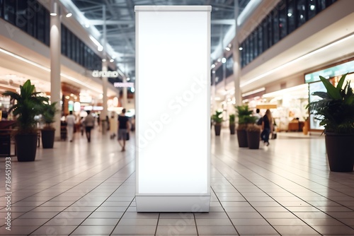 Blank vertical advertising stand in shopping mall