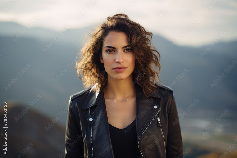 Portrait of a blissful woman in her 30s sporting a stylish leather blazer while standing against backdrop of mountain peaks