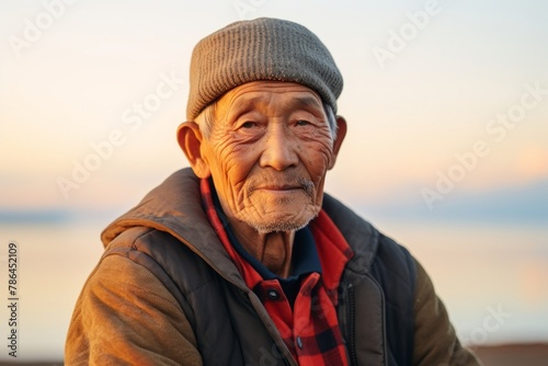 Portrait of a content asian elderly man in his 90s wearing a thermal fleece pullover isolated in beautiful beach sunset