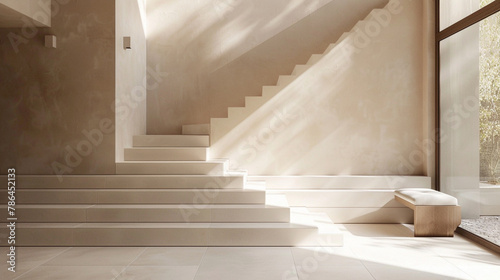 Polished beige stairs reflecting Scandinavian design in a stylish lounge with a window.