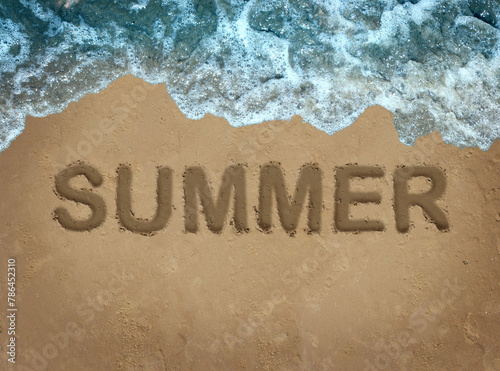 Summer beach as a hot seasonal banner and fun party background for vacation and travel holiday festival for June July August months as waves from the tropical ocean or warm sea water on sand symbol.