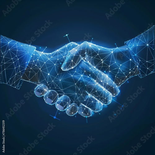 A digital handshake symbolizes seamless partnership in a tech-driven world. Low poly wireframe on blue. 