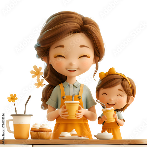 A 3D animated cartoon render of a smiling mom serving drinks to her kids during a picnic.