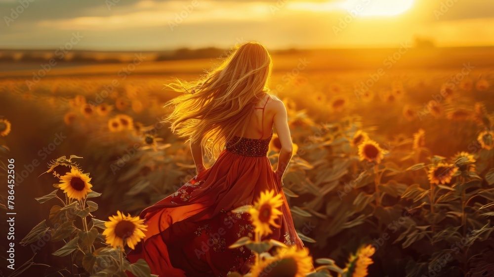Beautiful woman in a dress dancing and twirling in a sunflower field at sunset.