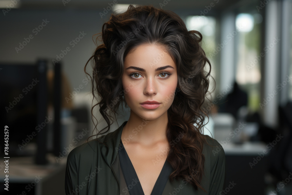 Generative AI image of portrait of confident young female with wavy hair looking at camera while standing in room in daylight against blurred interior Generative AI image of portrait of confident young female with wavy hair looking at camera while standing in room in daylight against blurred interior