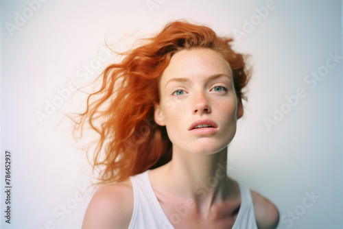 Calm young woman with red hair standing against gray wall photo