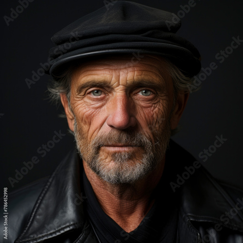 Middle aged man in cap and leather jacket standing against dark backdrop photo