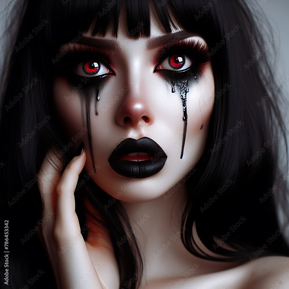 Wunderschöne Schwarzhaarige Frau mit grossen roten Augen