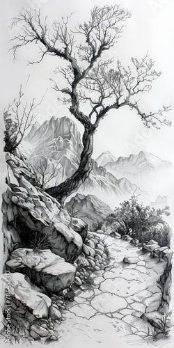 Black and white drawing of a tree in the mountains