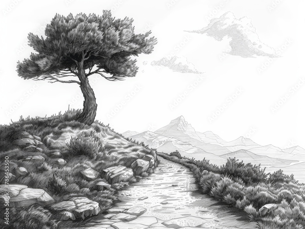Tree drawing on top of hill
