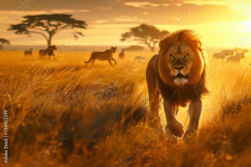  Majestic Lion Roaming the Vast Savannah Landscape at Sunset