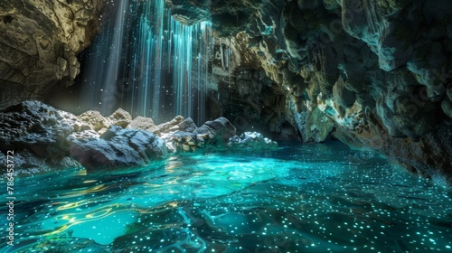 Bioluminescent algae as their soft green light dances across the cave's rocky surfaces